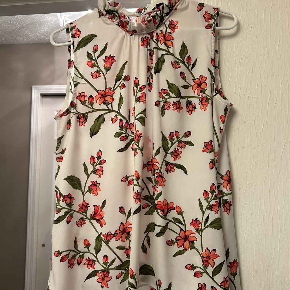 Ann Taylor White and Red Floral Ruffle Blouse